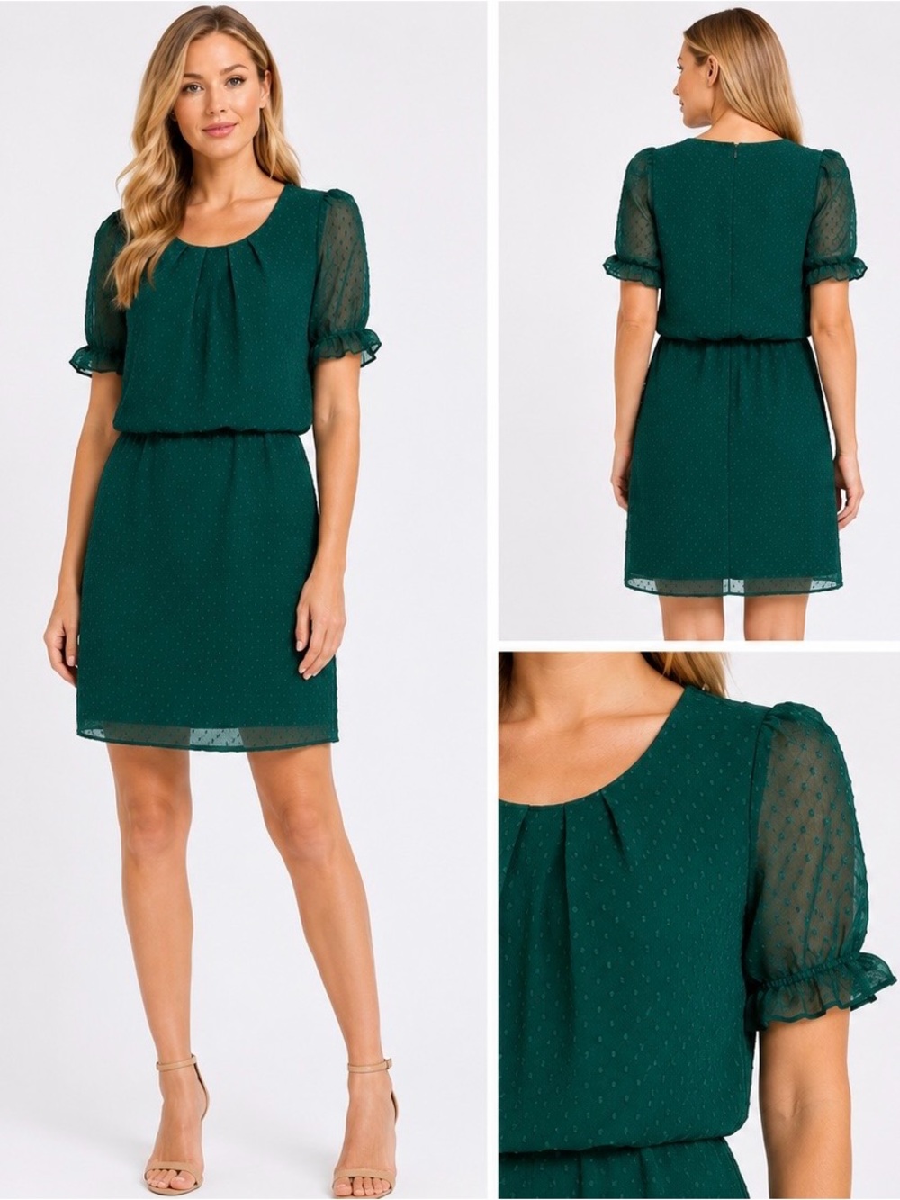 390. NY Collection Green Swiss Dot Blouson Dress - Elegant Short Sleeve Dress